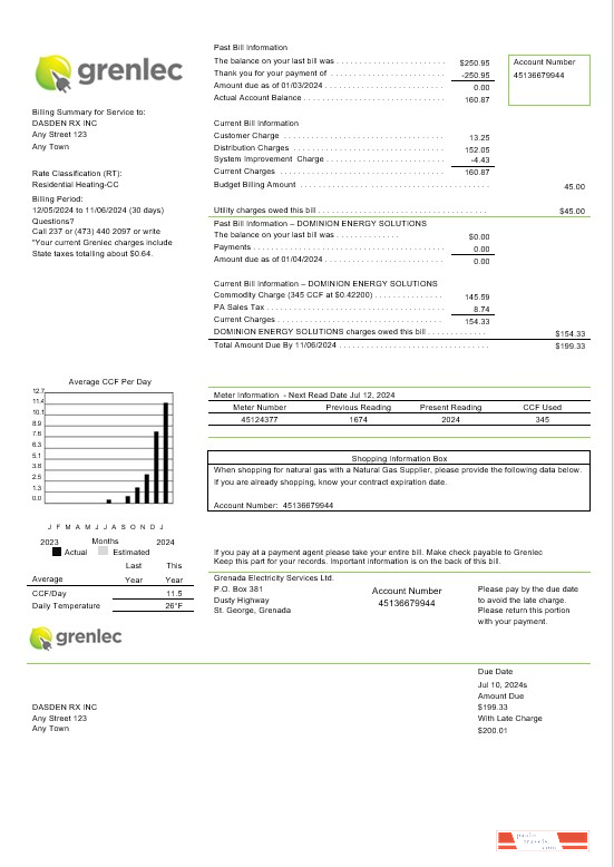 Grenada Electricity Services business utility bill Word and PDF template PSD template